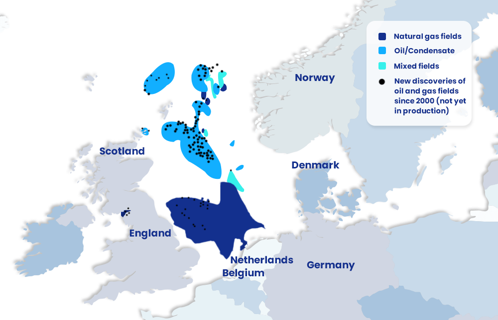 Image of a map showing the North Sea locations and the distribution of oil fields. Image of a map showing the North Sea locations and the distribution of oil fields.