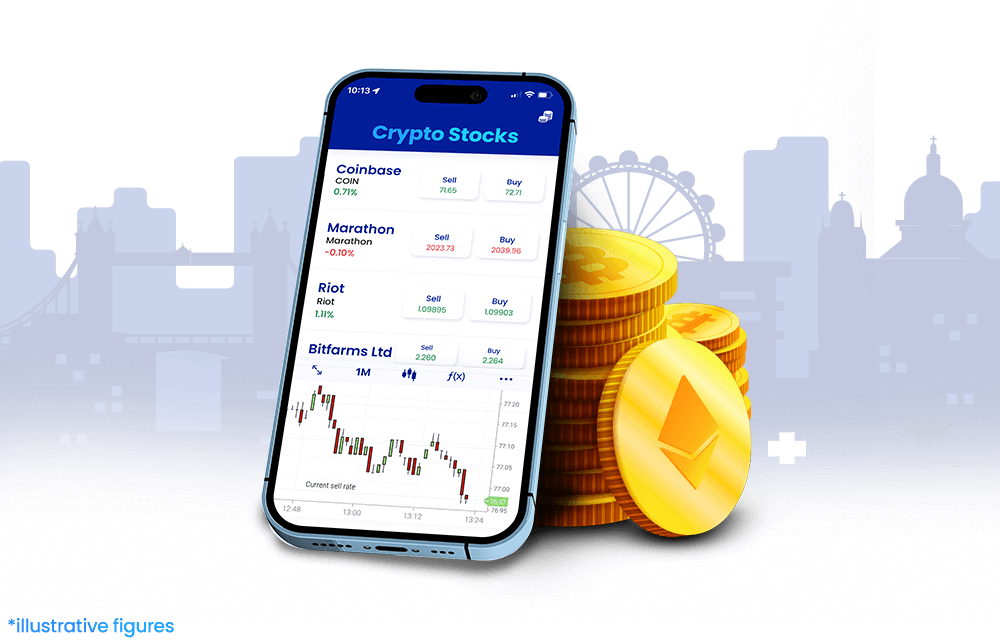 An illustration of Crypto stocks CFDs An illustration of Crypto stocks CFDs