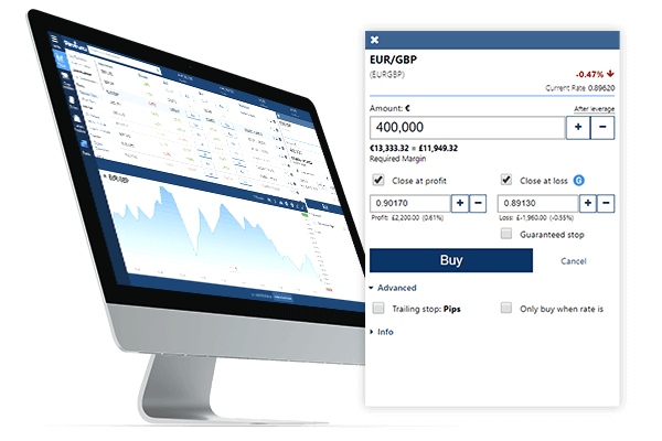 Computer with the WebTrader and the instrument details of EUR/GBP highlighted. Computer with the WebTrader and the instrument details of EUR/GBP highlighted.
