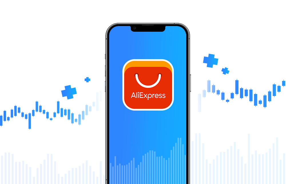 An illustration of the Alibaba app appearing on a mobile phone with charts and graphs around it. 