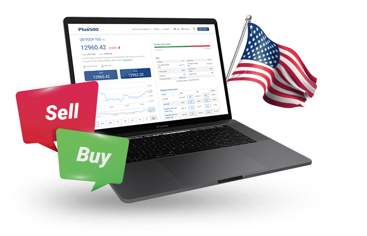U.S. flag, buy and sell thought bubbles and Computer on Nasdaq instrument page. U.S. flag, buy and sell thought bubbles and Computer on Nasdaq instrument page.