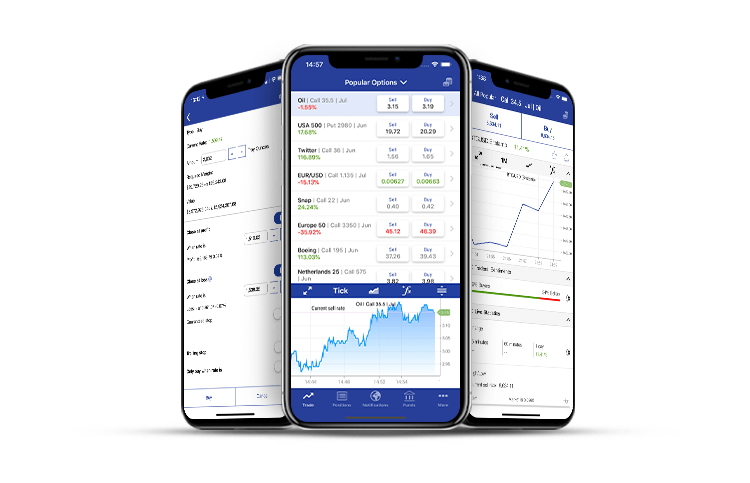 Three iPhones showing screens related to options trading in the Plus500 platform. Three iPhones showing screens related to options trading in the Plus500 platform.