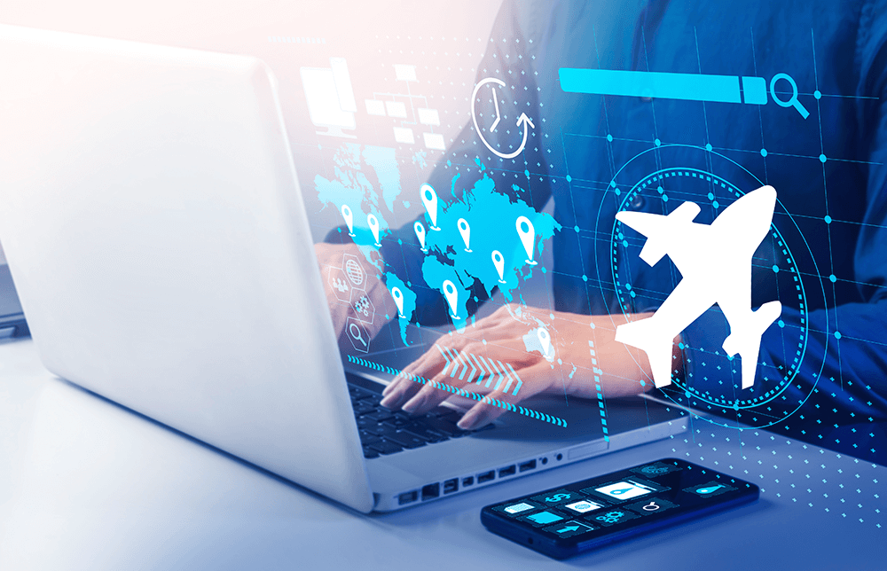 An illustration of a user searching for online travelling deals in international destinations