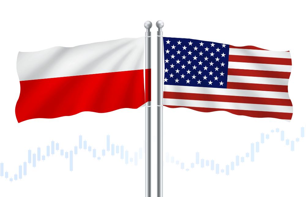 An illustration of the flag of Poland and the flag of the USA.