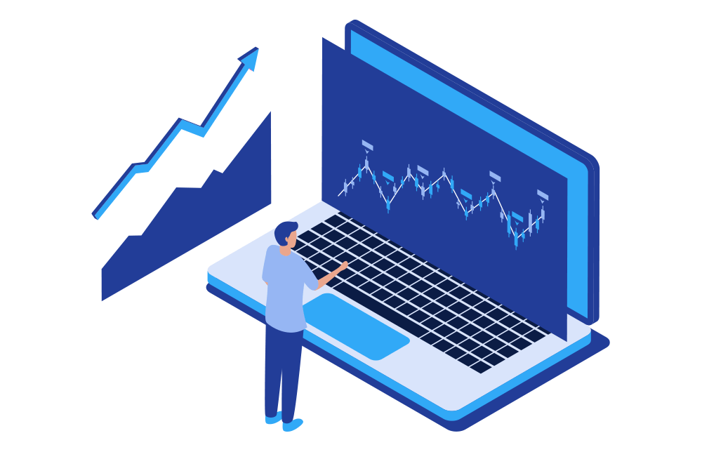 An illustration of a trader using a laptop to look at trading charts when making an order An illustration of a trader using a laptop to look at trading charts when making an order