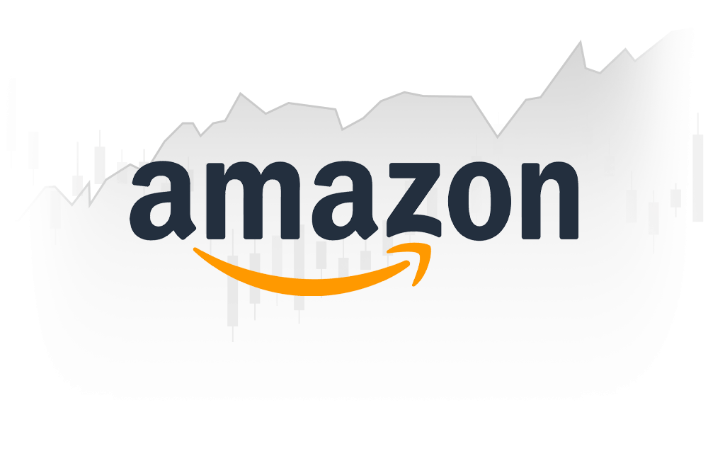 The logo of Amazon in front of an illustration of a stock price chart. The logo of Amazon in front of an illustration of a stock price chart.