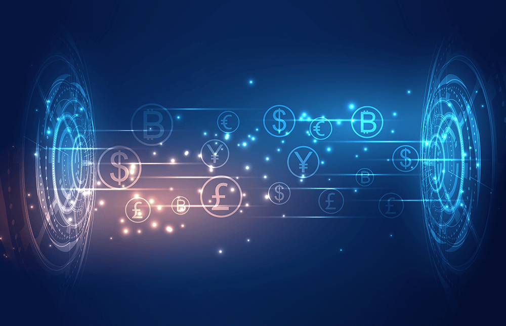 An illustration of a futuristic crypto and coin exchange concept. An illustration of a futuristic crypto and coin exchange concept.