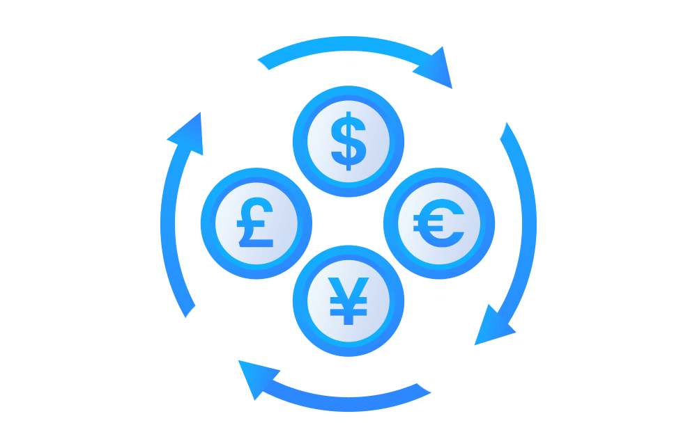 An illustration of depicting the US Dollar, Euro, British Pound, and Japanese Yen currency coins being exchanged An illustration of depicting the US Dollar, Euro, British Pound, and Japanese Yen currency coins being exchanged