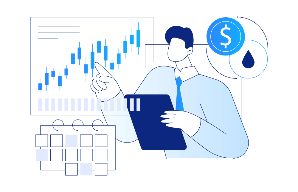 An illustration of an individual learning the basics of trading An illustration of an individual learning the basics of trading