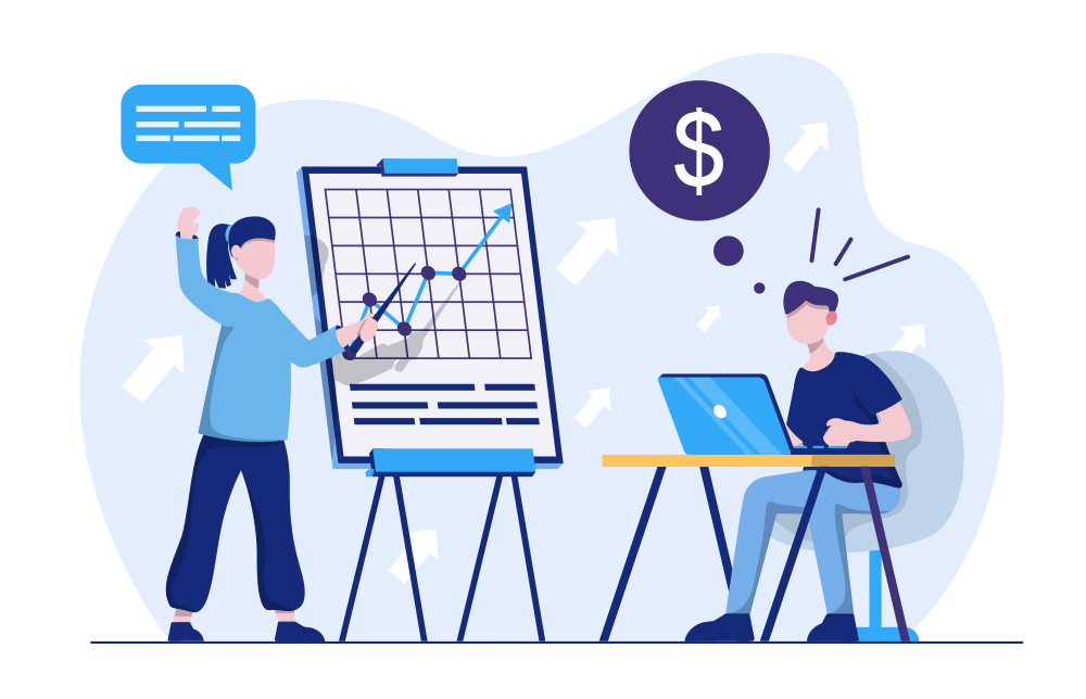 An illustration of two people learning about the financial markets An illustration of two people learning about the financial markets