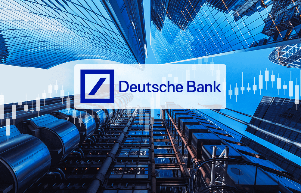 An illustration of office buildings branded with Deutsche Bank and running charts in the background. An illustration of office buildings branded with Deutsche Bank and running charts in the background.