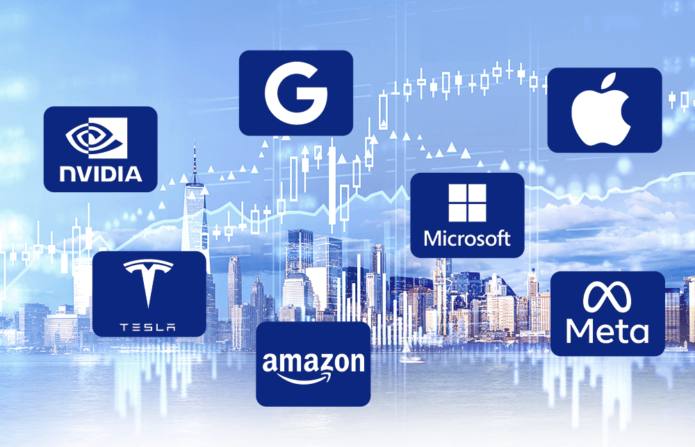 An illustration of 7 FAANG brands, with charts and the NY skyscrapers in the background An illustration of 7 FAANG brands, with charts and the NY skyscrapers in the background