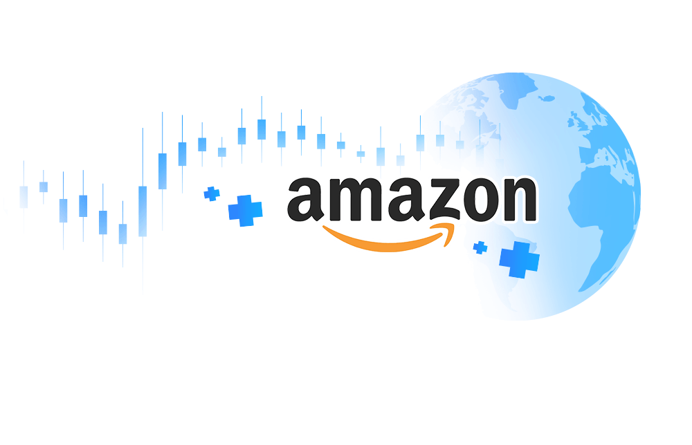an illustration of the Amazon logo and a trading chart.