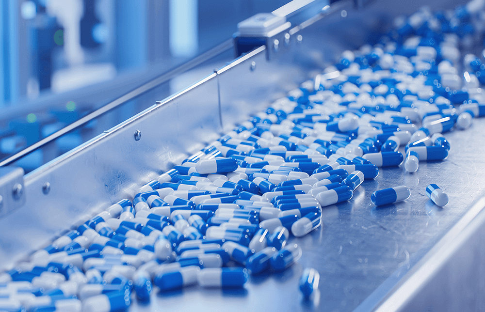 An illustration of a pharma manufacturing process An illustration of a pharma manufacturing process.