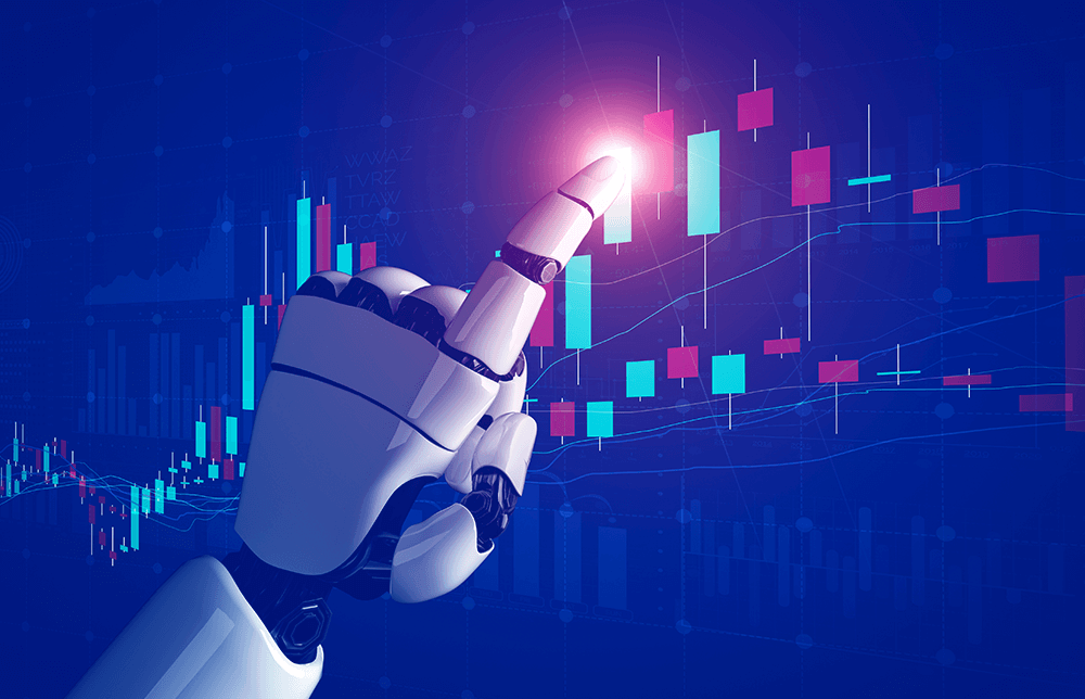 An illustration of an AI robotic hand beaming a trading graph. An illustration of an AI robotic hand beaming a trading graph.