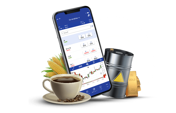 iPhone App with coffee, corn, oil and gold next to the phone. iPhone App with coffee, corn, oil and gold next to the phone.