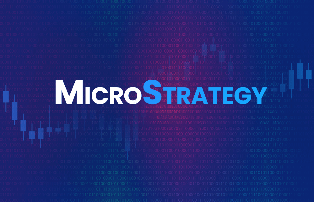 The word Microstrategy with price charts in the background. The word Microstrategy with price charts in the background