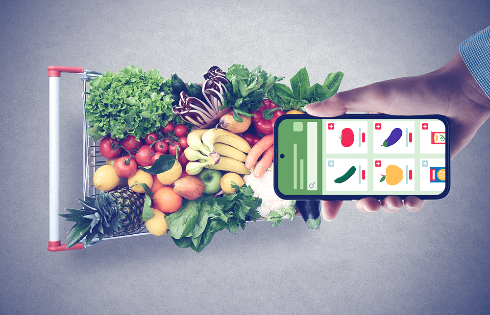 An image of a shopping cart filled with groceries and a mobile phone with ordering functions on it