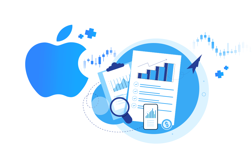 The Apple logo alongside charts and graphs. The Apple logo alongside charts and graphs.