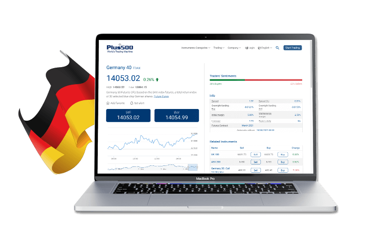 German flag and computer with DAX instrument details screen open on the Plus500 website. German flag and computer with DAX instrument details screen open on the Plus500 website.