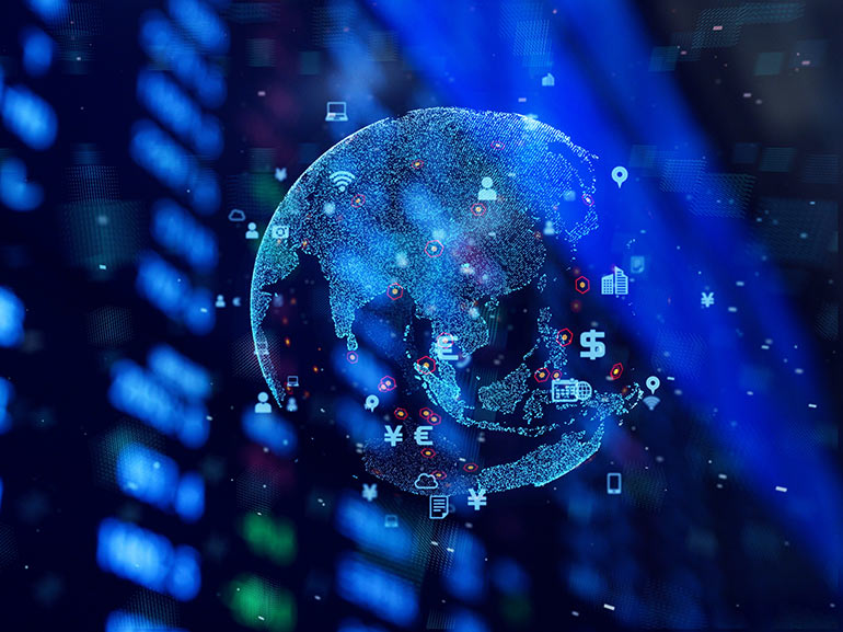 A digital illustration of Earth with different currencies shown around it